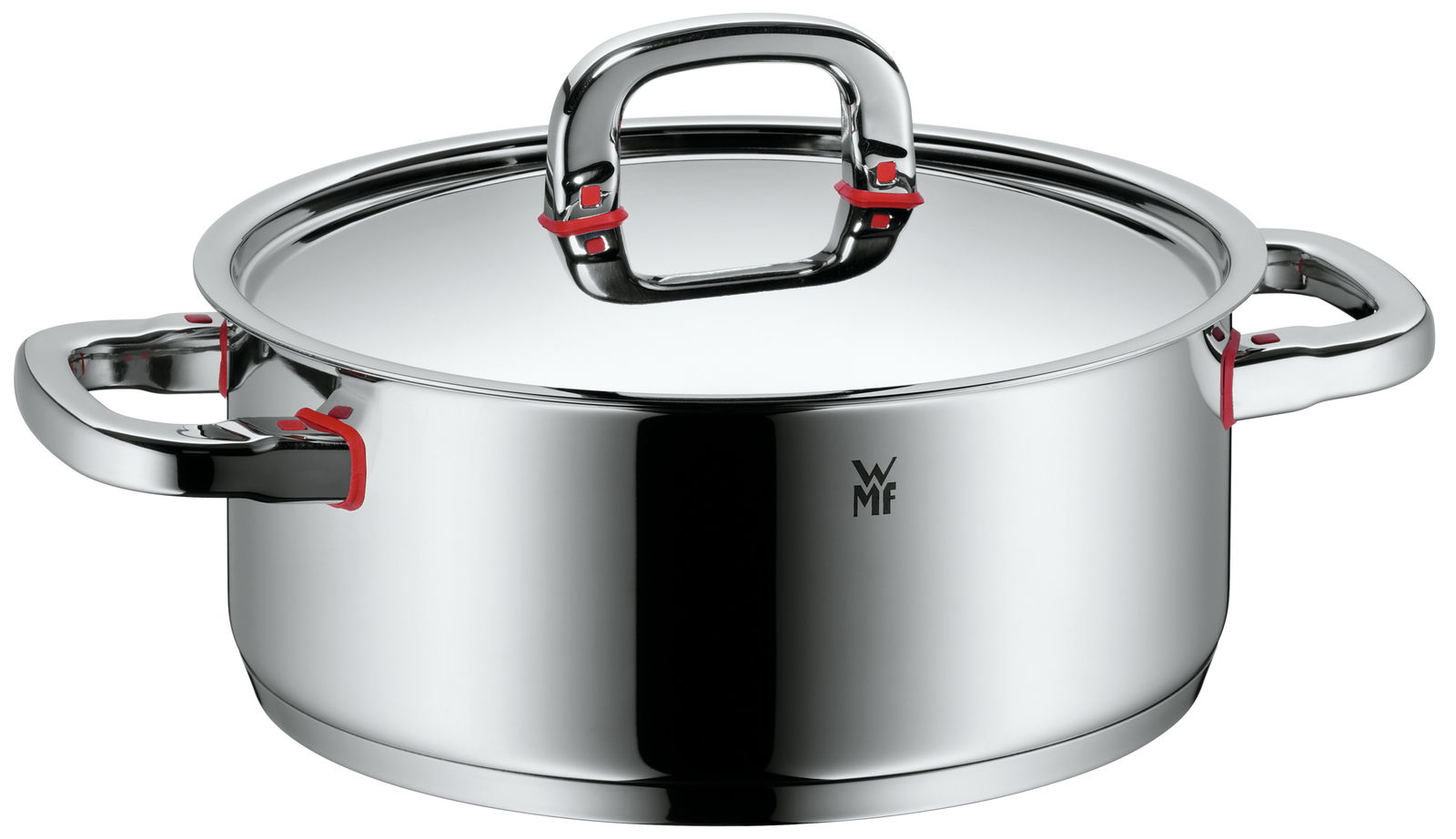 Hochwertiger Edelstahltopf mit Deckel, seitliche Ansicht, glänzende Oberfläche, rote Akzente an den Griffen.