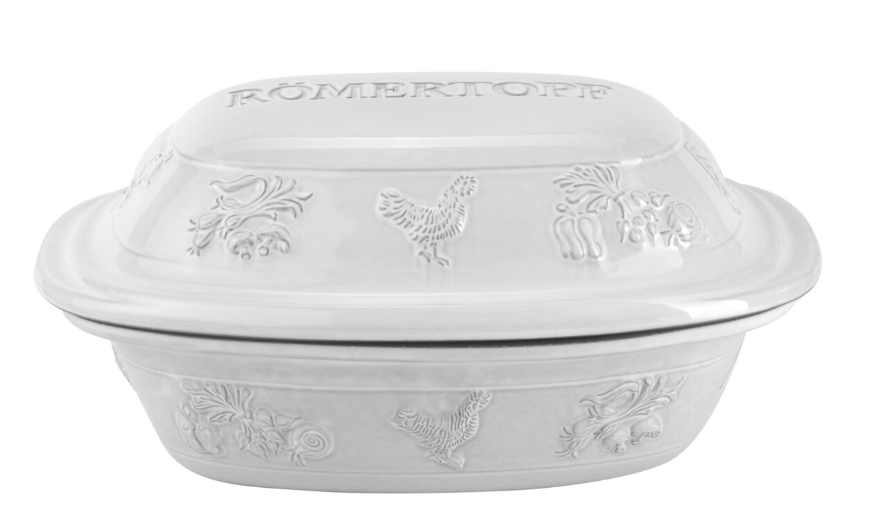 Römertopf Bräter RUSTICO Weißer Römertopf Bräter mit Hühner- und Gemüseverzierungen, seitliche Perspektive