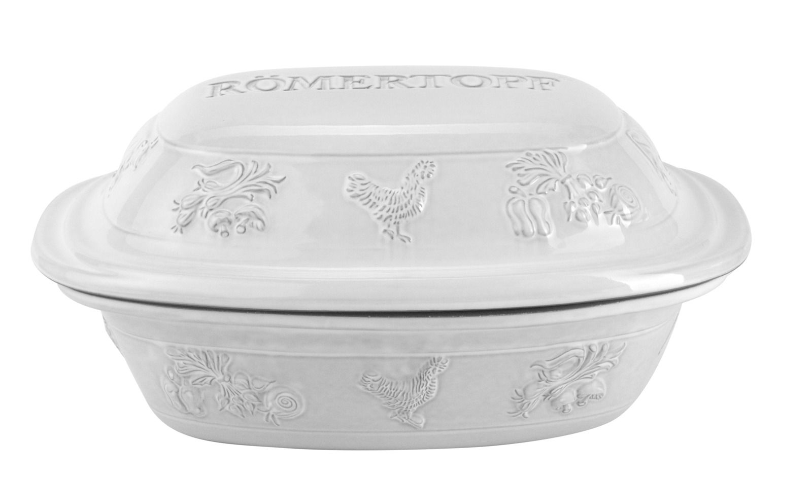 Römertopf Bräter RUSTICO Weißer Römertopf Bräter mit Hühner- und Gemüseverzierungen, seitliche Perspektive