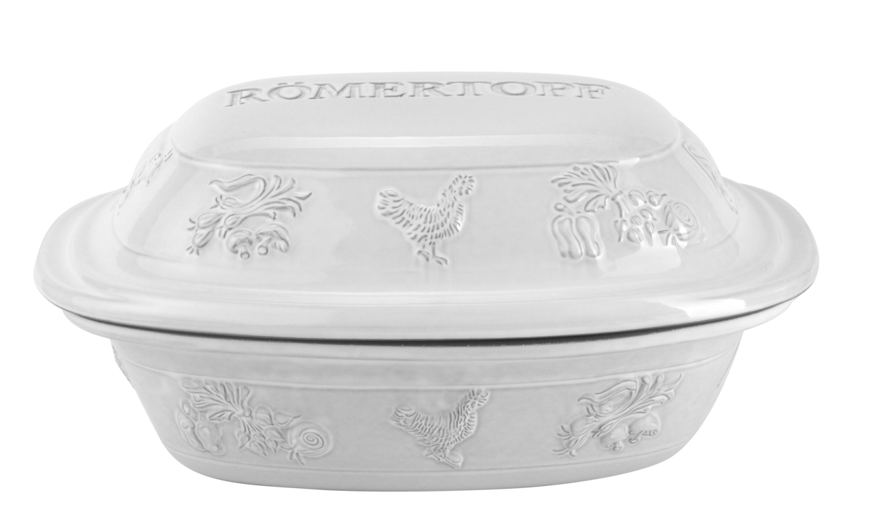 Weißer Römertopf Bräter mit Hühner- und Gemüseverzierungen, seitliche Perspektive