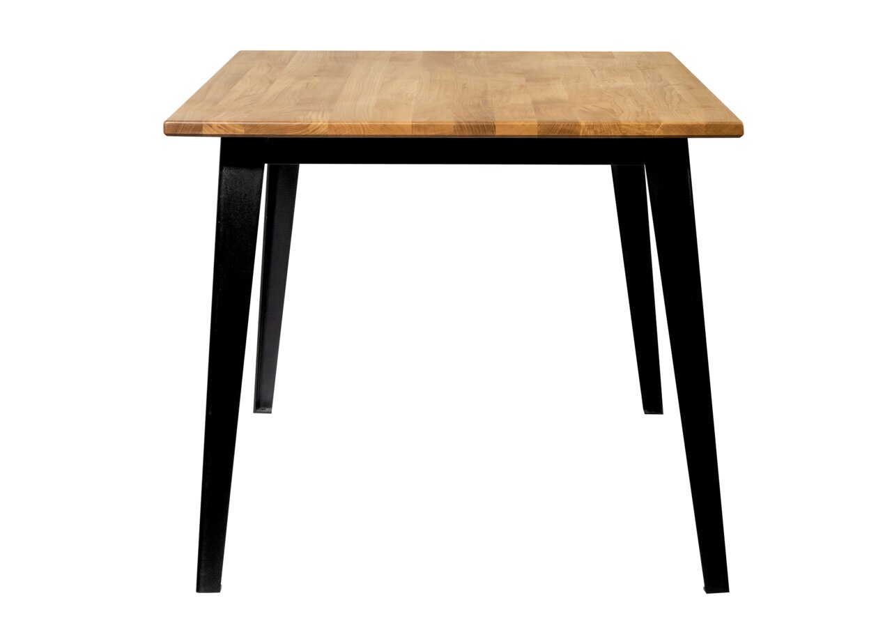 Moderner Esstisch mit Holzplatte und schwarzen Metallbeinen, frontal fotografiert.