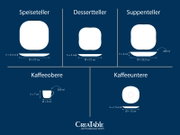 Infografik mit Silhouetten und Maßen eines Geschirrsets: Speiseteller Ø 27 cm, h 2,5 cm; Dessertteller Ø 21 cm, h 2 cm; Suppenteller Ø 23,5 cm, h 4 cm, 400 ml; Kaffeeobere Ø 8 cm, h 7 cm, 200 ml; Kaffeeuntere Ø 15 cm, h 1,5 cm; dargestellt in Vorderansich