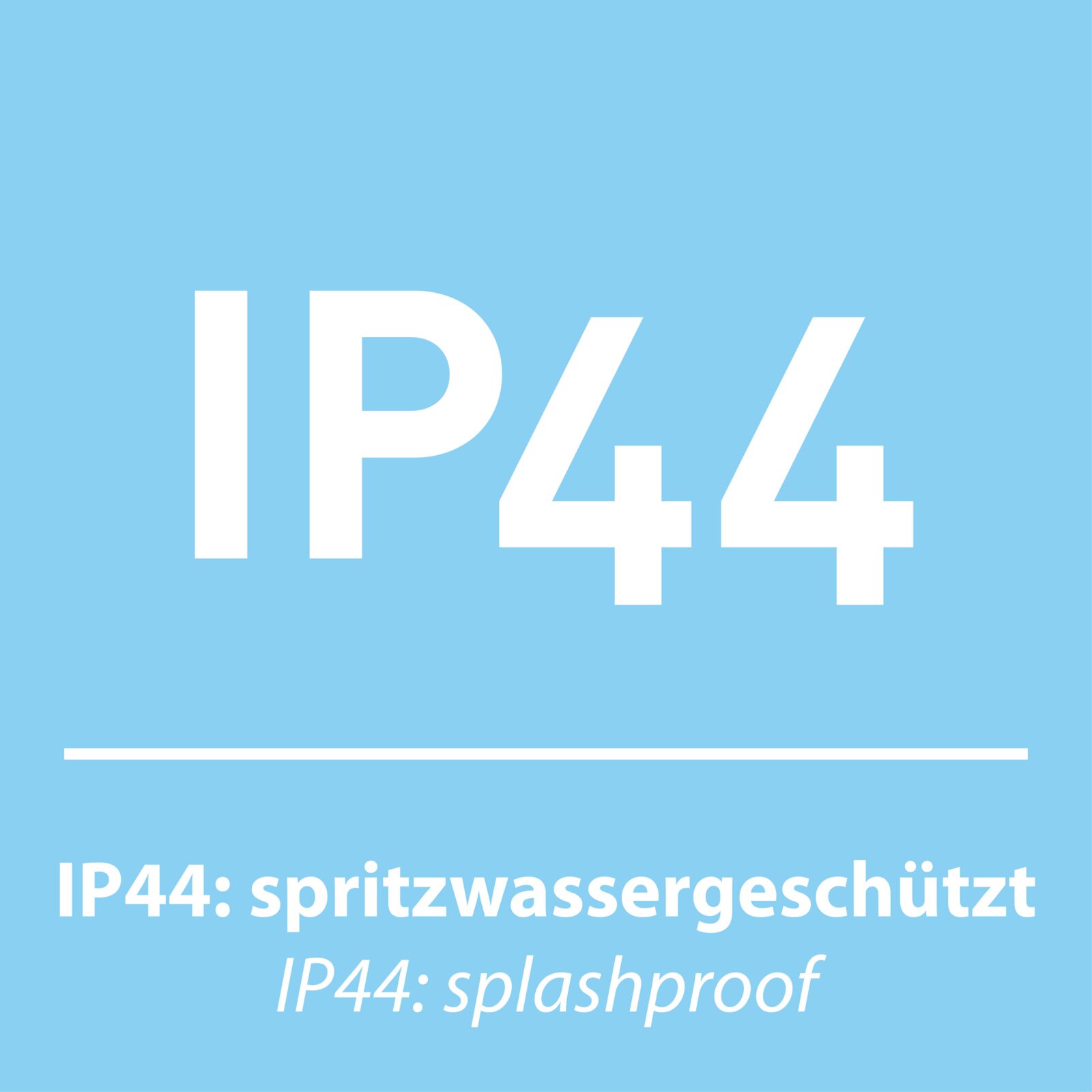 Grafik mit der Aufschrift „IP44“ sowie „IP44: spritzwassergeschützt / IP44: splashproof“ auf hellblauem Hintergrund, frontale Ansicht.