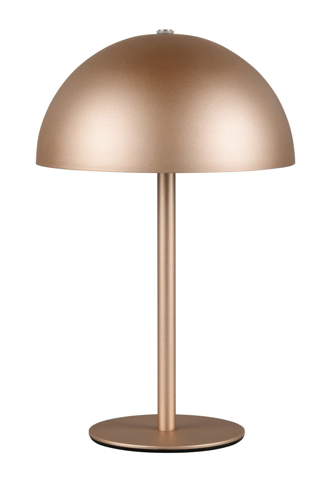 Goldene Akku-Tischleuchte mit halbkugelförmigem Schirm, seitliche Perspektive