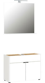 Frontale Ansicht eines modernen Badmöbel-Sets mit großem rechteckigem Spiegel und weißem Unterschrank mit Holzoberfläche.