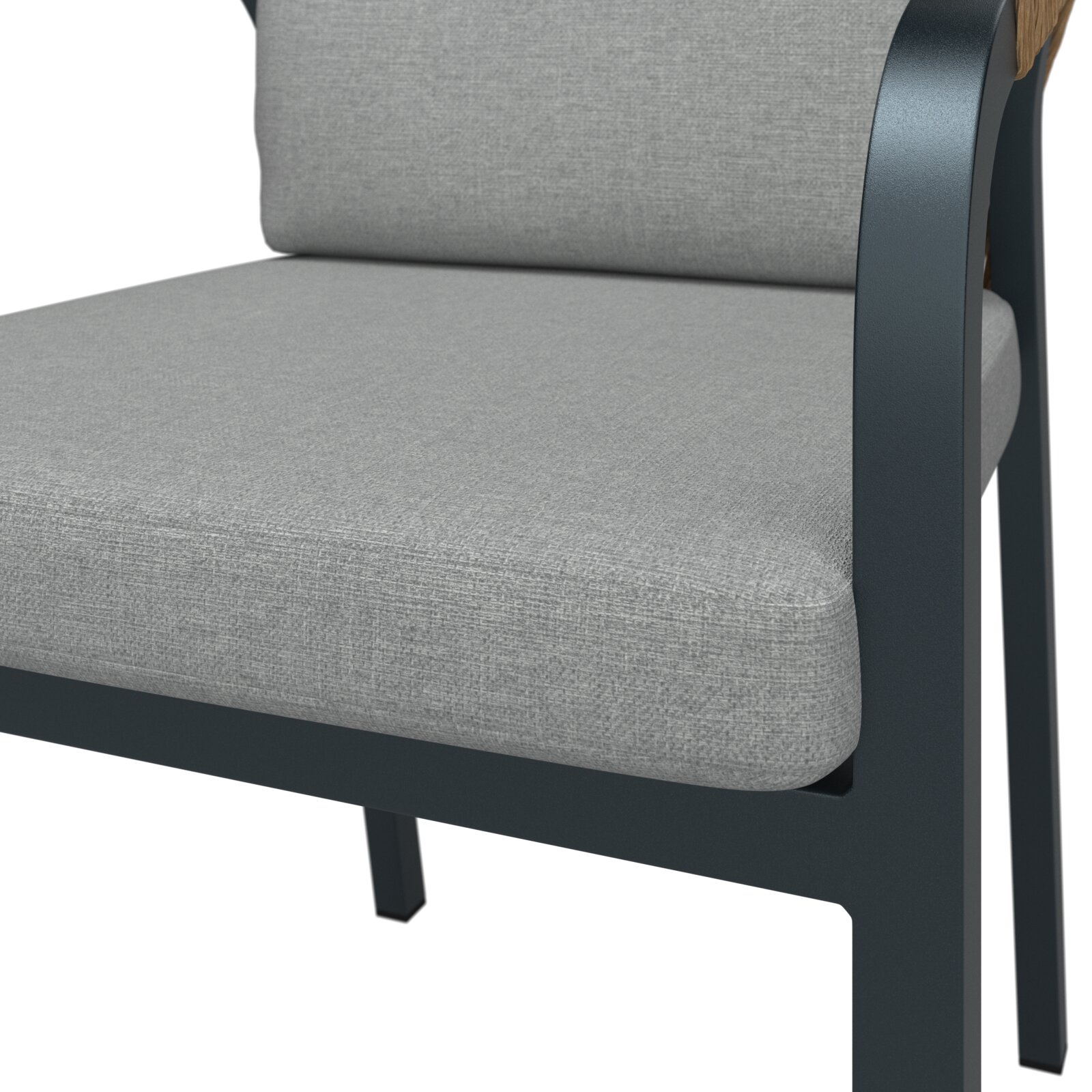 Nahaufnahme eines grauen Stapelsessels mit Metallrahmen, seitliche Perspektive