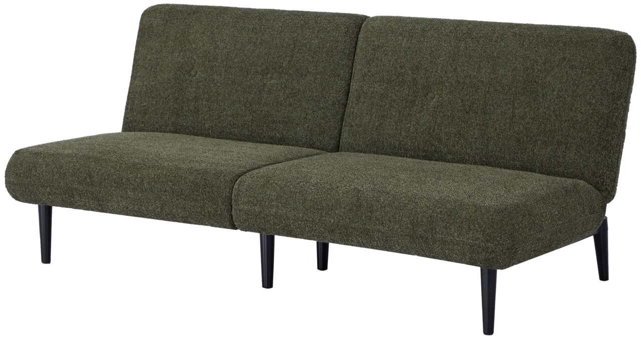 Grünes Funktionssofa mit zwei Sitzplätzen, seitliche Perspektive
