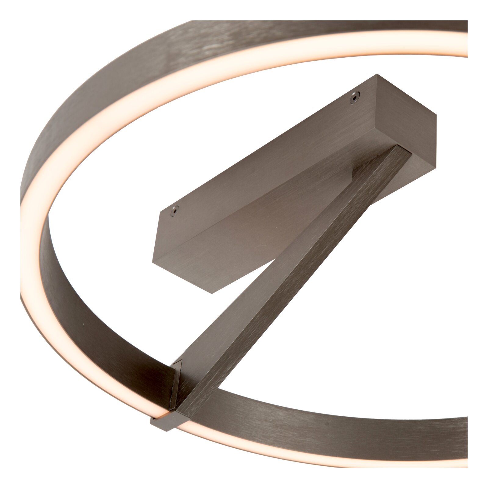 Moderne LED-Deckenleuchte in Ringform mit gebürstetem Metallrahmen und warmweißem Lichtband, Detailansicht von schräg unten auf die Montageplatte