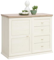 Weiße Kommode mit Holzplatte, links zwei Türen, rechts vier Schubladen, dekoriert mit Pflanzen und Vase, Perspektive von vorne links.