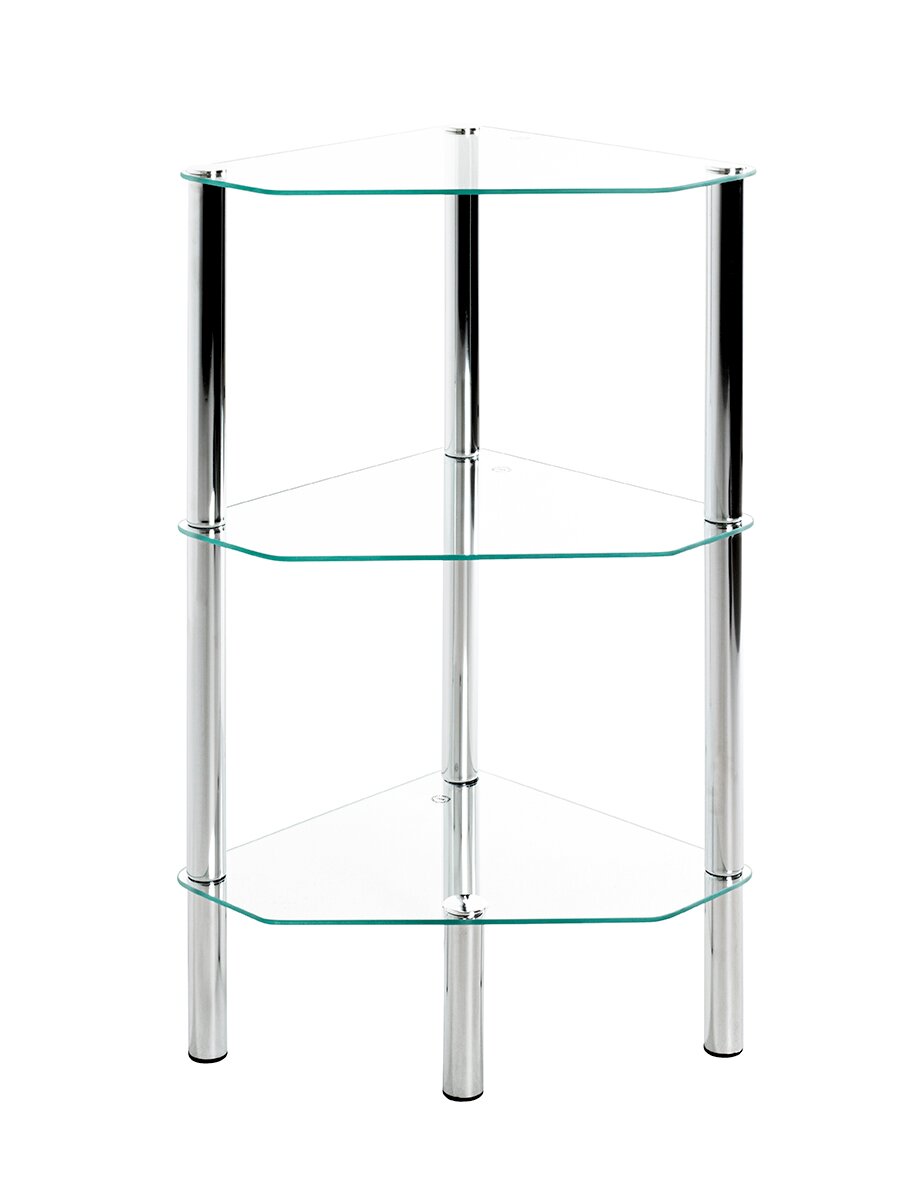 Eckregal mit drei transparenten Glasböden und verchromten Metallrohren, freistehend vor weißem Hintergrund, Frontansicht leicht von oben