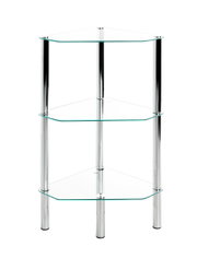 Eckregal mit drei transparenten Glasböden und verchromten Metallrohren, freistehend vor weißem Hintergrund, Frontansicht leicht von oben