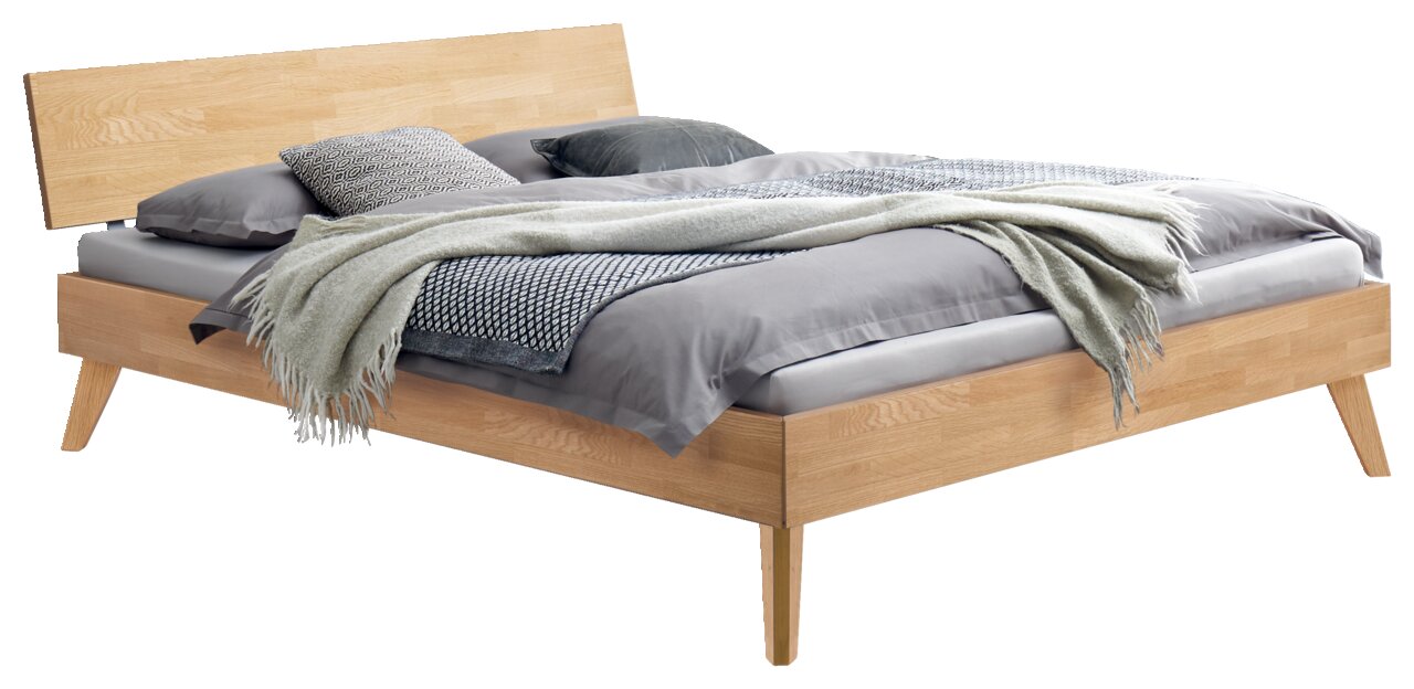 Houten bedframe met hoofdeinde, zijaanzicht, grijs beddengoed en kussens