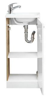 Offener Waschtischunterschrank mit sichtbarem Siphon und Wasserhahn, Frontalansicht