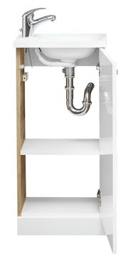 Offener Waschtischunterschrank mit sichtbarem Siphon und Wasserhahn, Frontalansicht