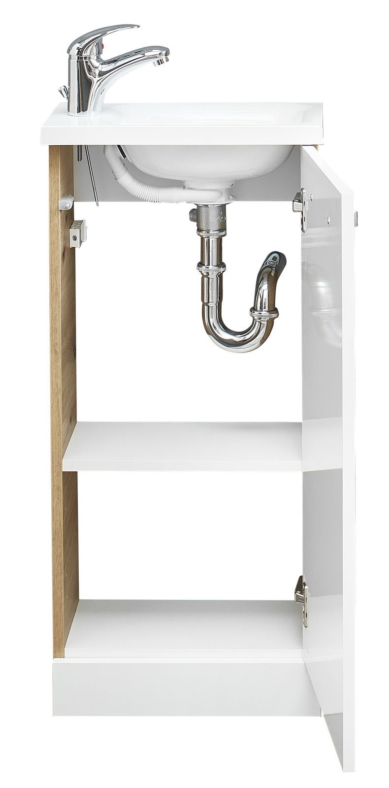 Offener Waschtischunterschrank mit sichtbarem Siphon und Wasserhahn, Frontalansicht