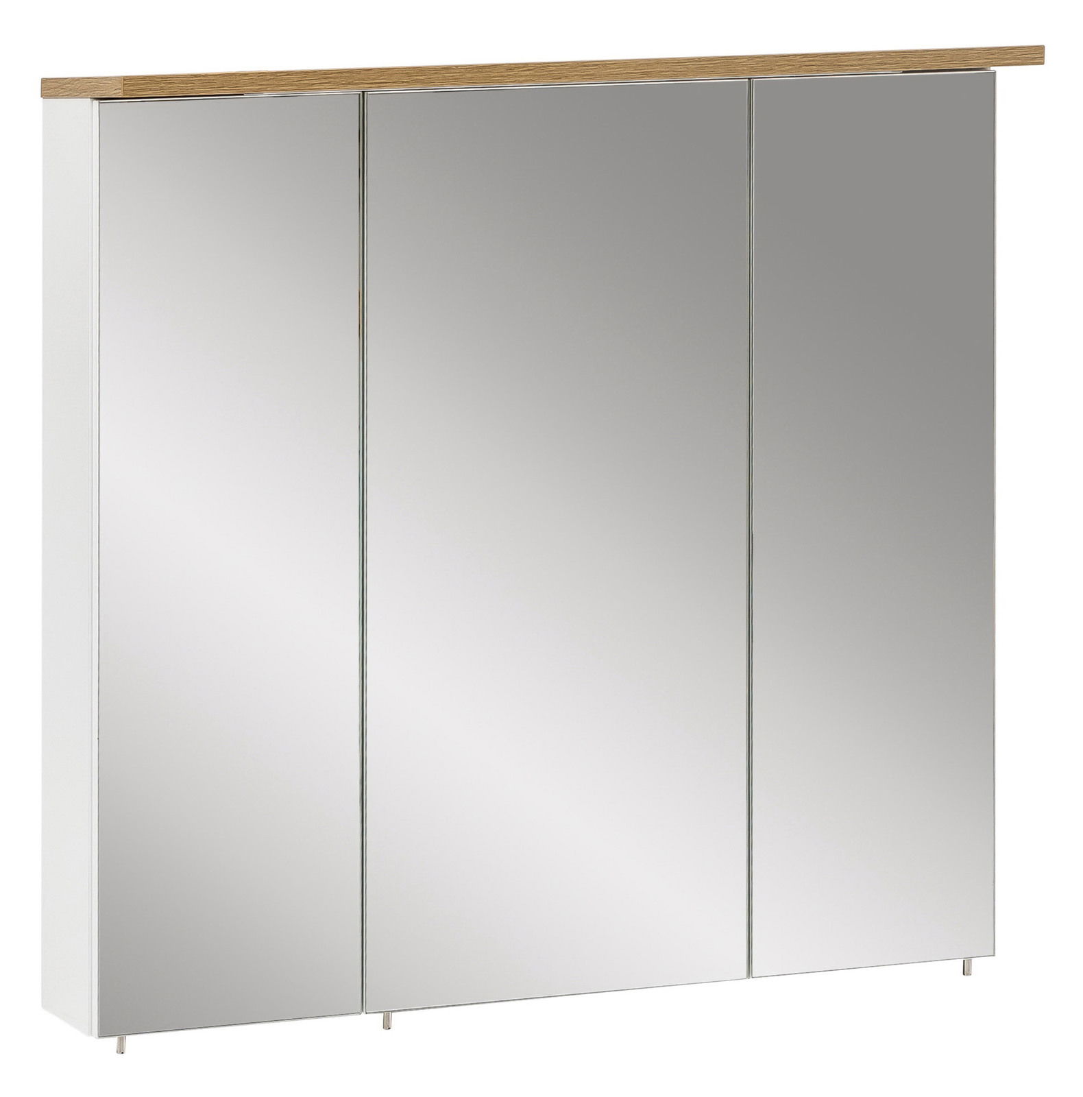 Moderner Spiegelschrank mit drei Türen und Holzleiste, Frontalansicht