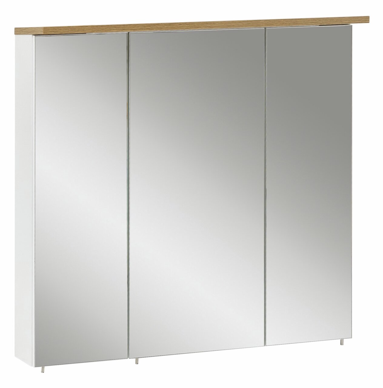 Moderner Spiegelschrank mit drei Türen und Holzleiste, Frontalansicht