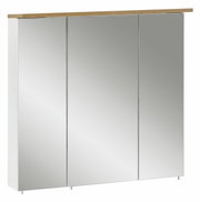 Moderner Spiegelschrank mit drei Türen und Holzleiste, Frontalansicht
