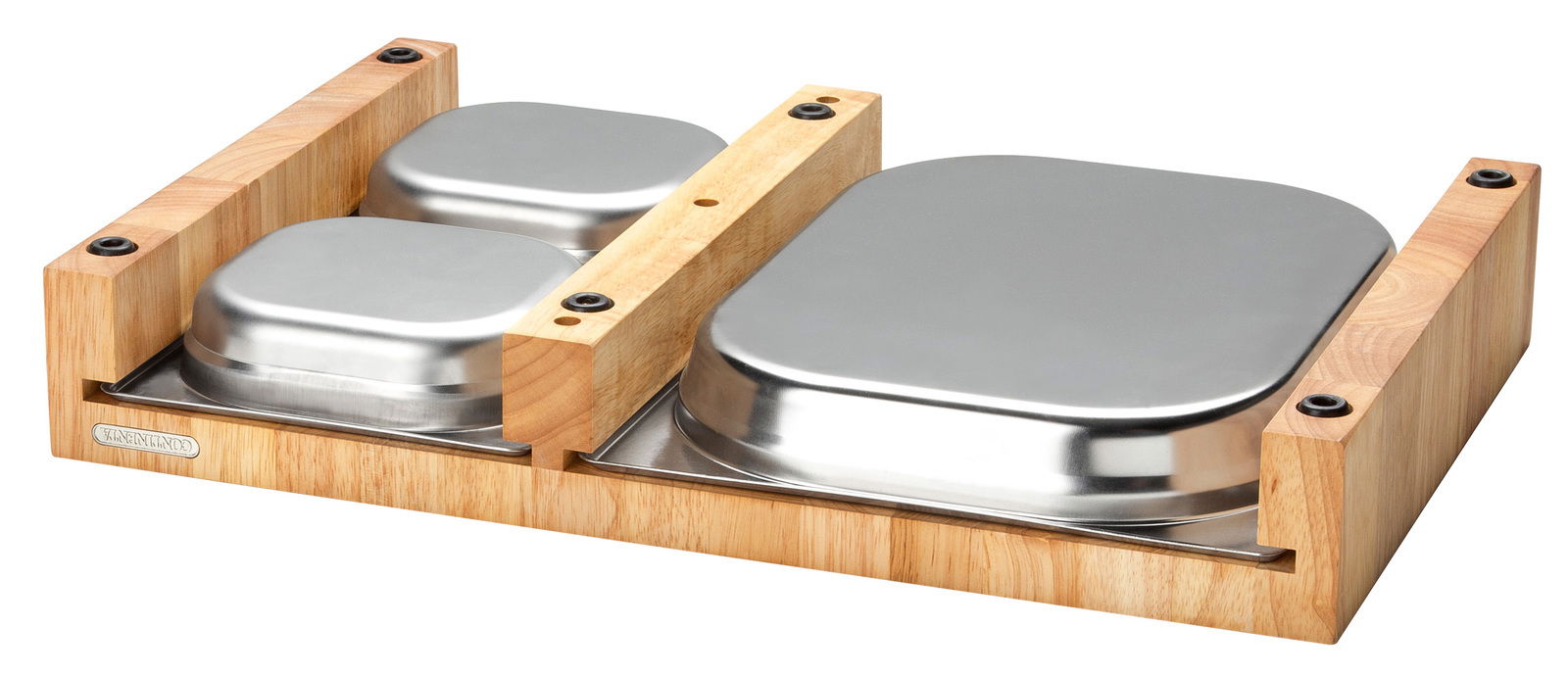 Multifunktionsbrett mit drei Edelstahlschalen, seitliche Perspektive