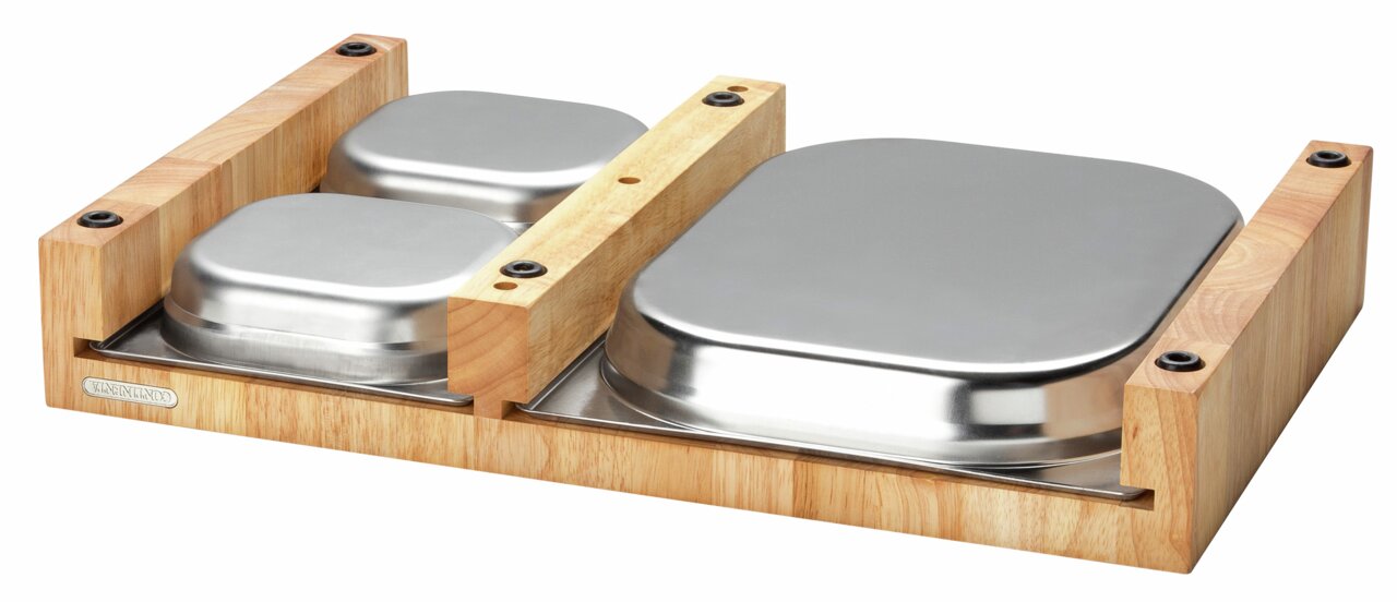 Multifunktionsbrett mit drei Edelstahlschalen, seitliche Perspektive