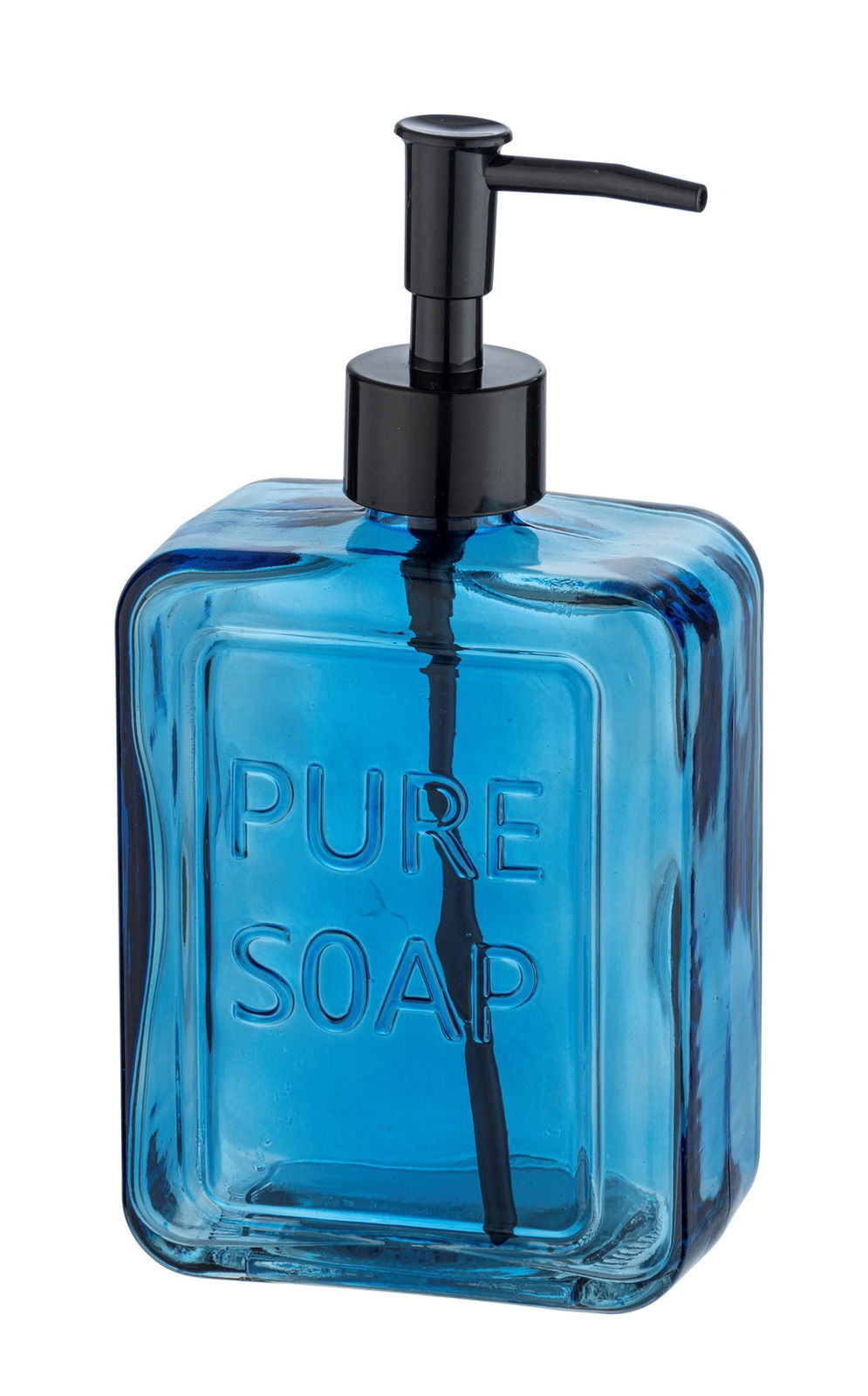 Blauer Seifenspender mit der Aufschrift 'PURE SOAP', seitliche Perspektive