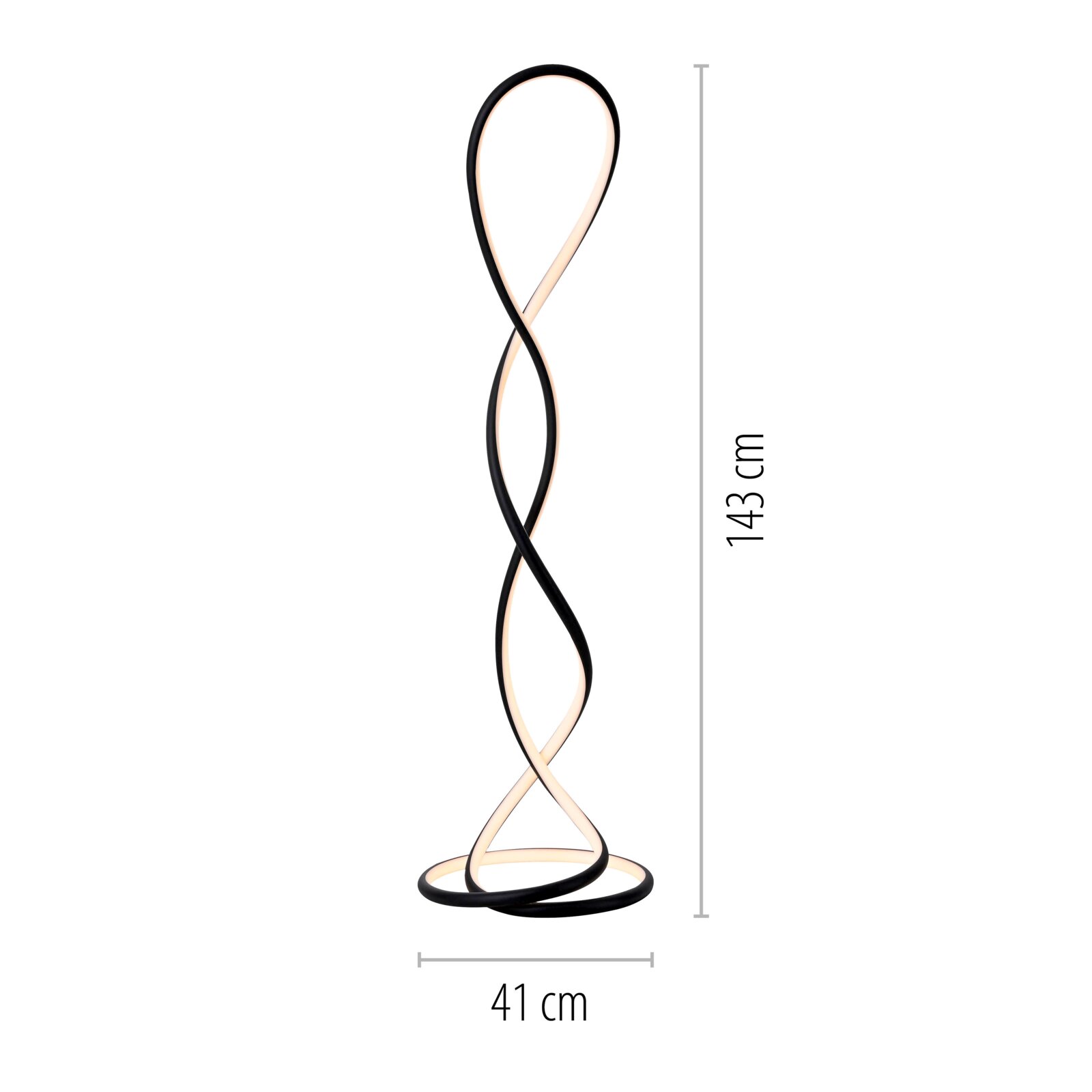 Moderne LED-Stehleuchte in geschwungenem, spiraligem Design mit schwarzem Rahmen und warmweiß leuchtendem Lichtband, ca. 143 cm hoch und 41 cm breit, freigestellt auf weißem Hintergrund, Frontalansicht.