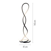 Moderne LED-Stehleuchte in geschwungenem, spiraligem Design mit schwarzem Rahmen und warmweiß leuchtendem Lichtband, ca. 143 cm hoch und 41 cm breit, freigestellt auf weißem Hintergrund, Frontalansicht.