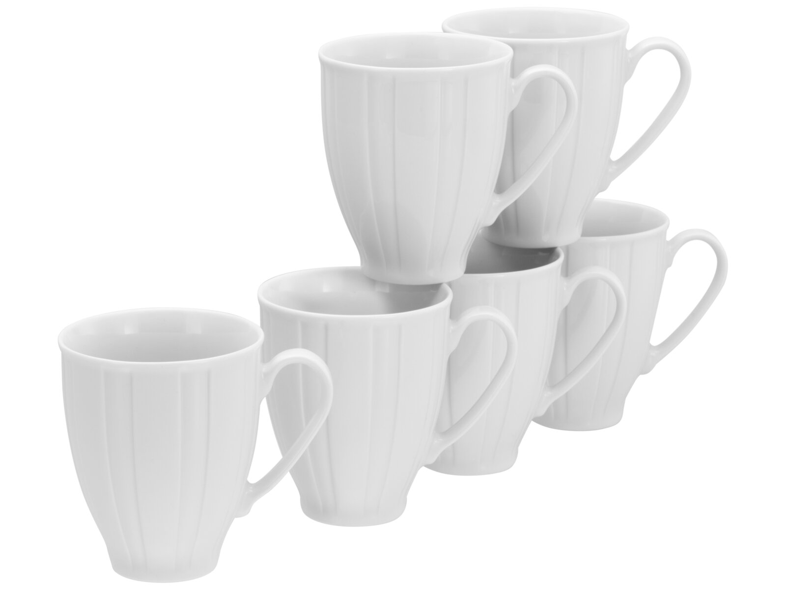 creaTable Kaffeebecher 6-tlg BARCELONA Sechs weiße Porzellan-Kaffeetassen mit geriffelter Oberfläche und Henkel, gestapelt auf weißem Hintergrund, Ansicht leicht von vorne oben
