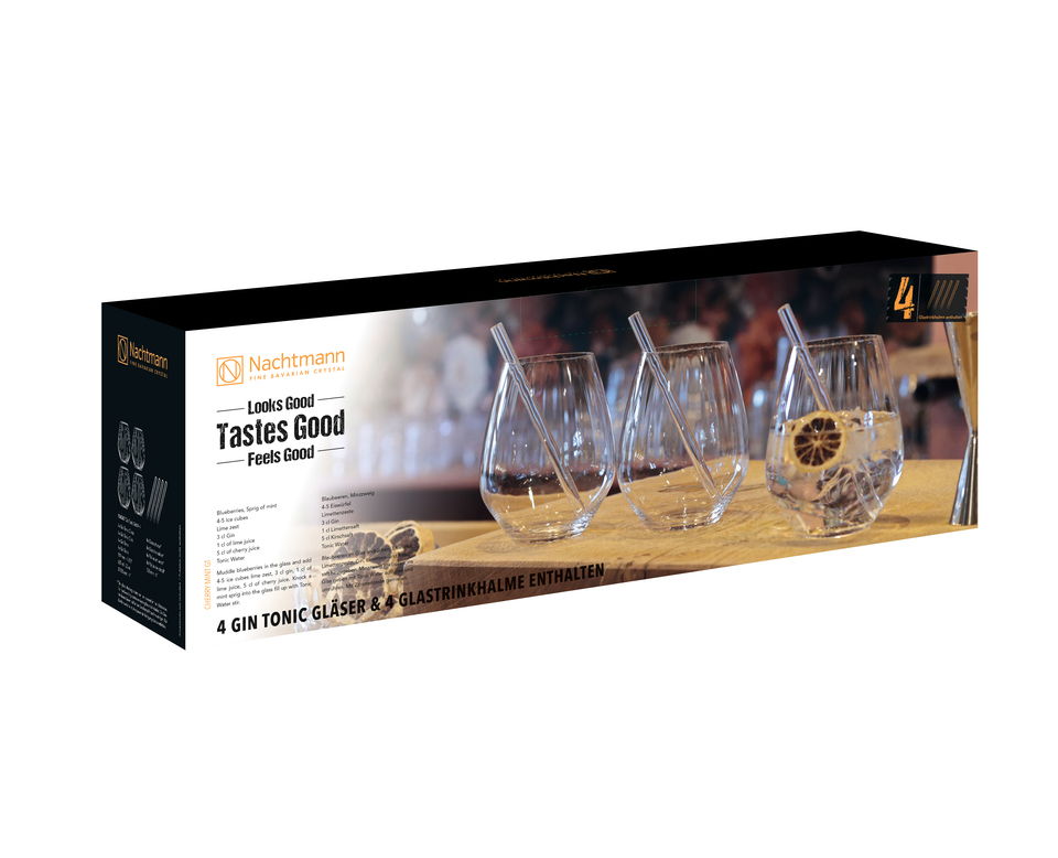 Verpackung mit vier Gin Tonic Gläsern und vier Glastrinkhalmen, seitliche Perspektive