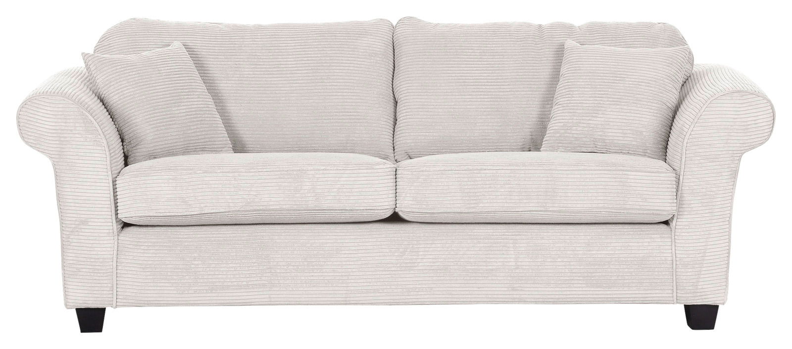 Beiges 3-Sitzer-Sofa mit geripptem Stoffbezug, zwei großen Rückenkissen und zwei kleinen Zierkissen, Frontalansicht.