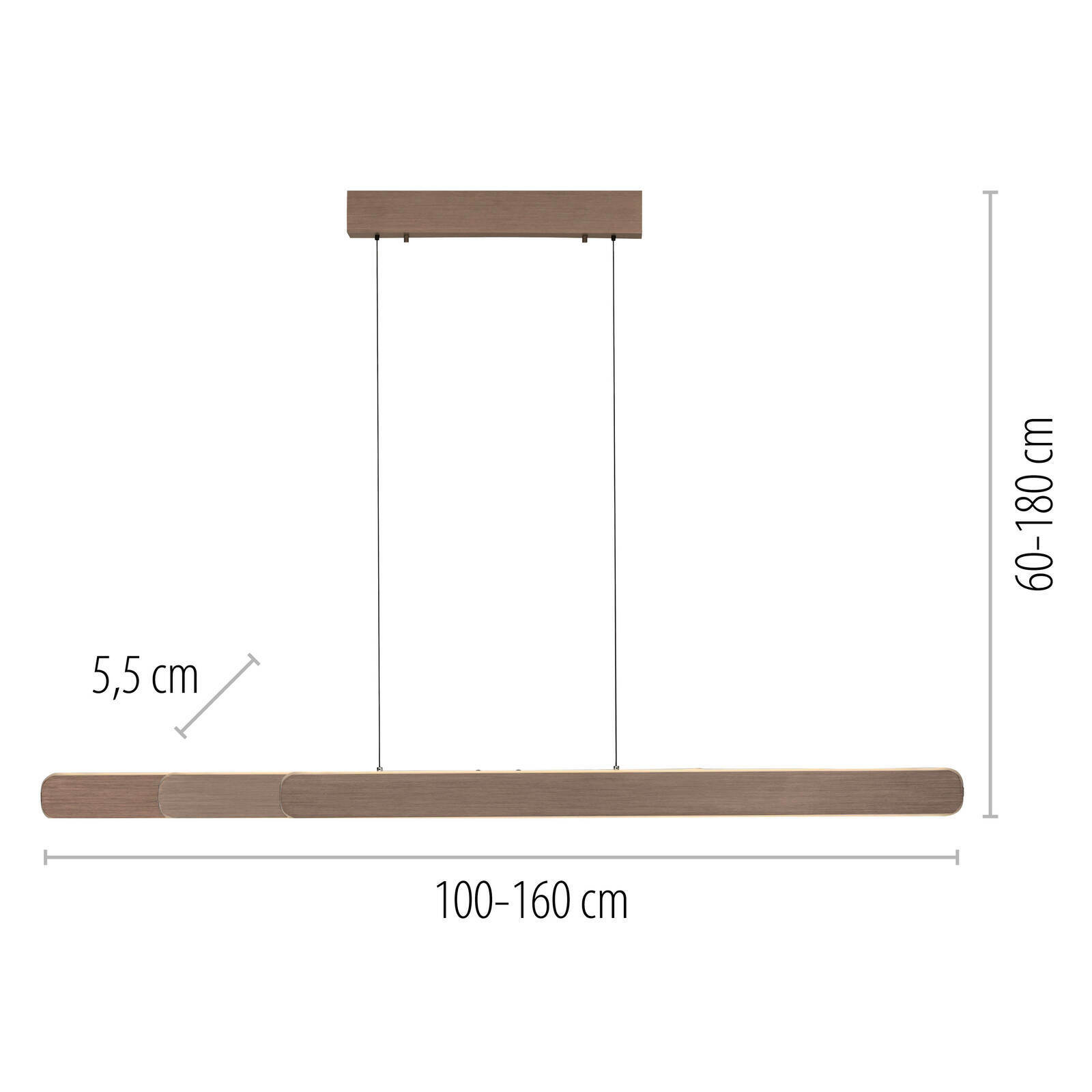 Seitenansicht der Pendelleuchte ADRIANA ROUND mit verstellbarer Länge von 100-160 cm und einer Höhe von 60-180 cm, in Holzoptik.