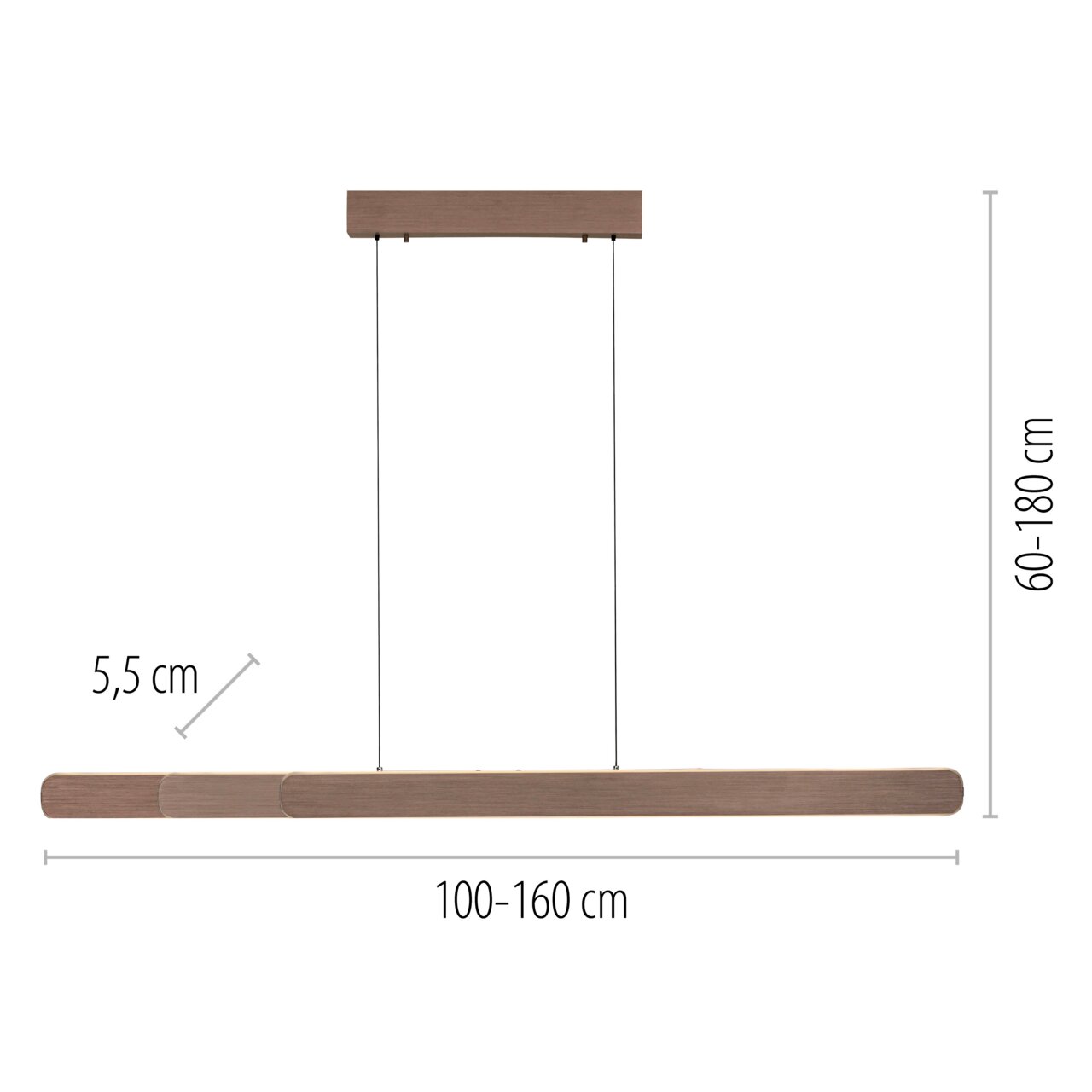 Zijaanzicht van de hanglamp ADRIANA ROUND met een verstelbare lengte van 100-160 cm en een hoogte van 60-180 cm, in houtlook.