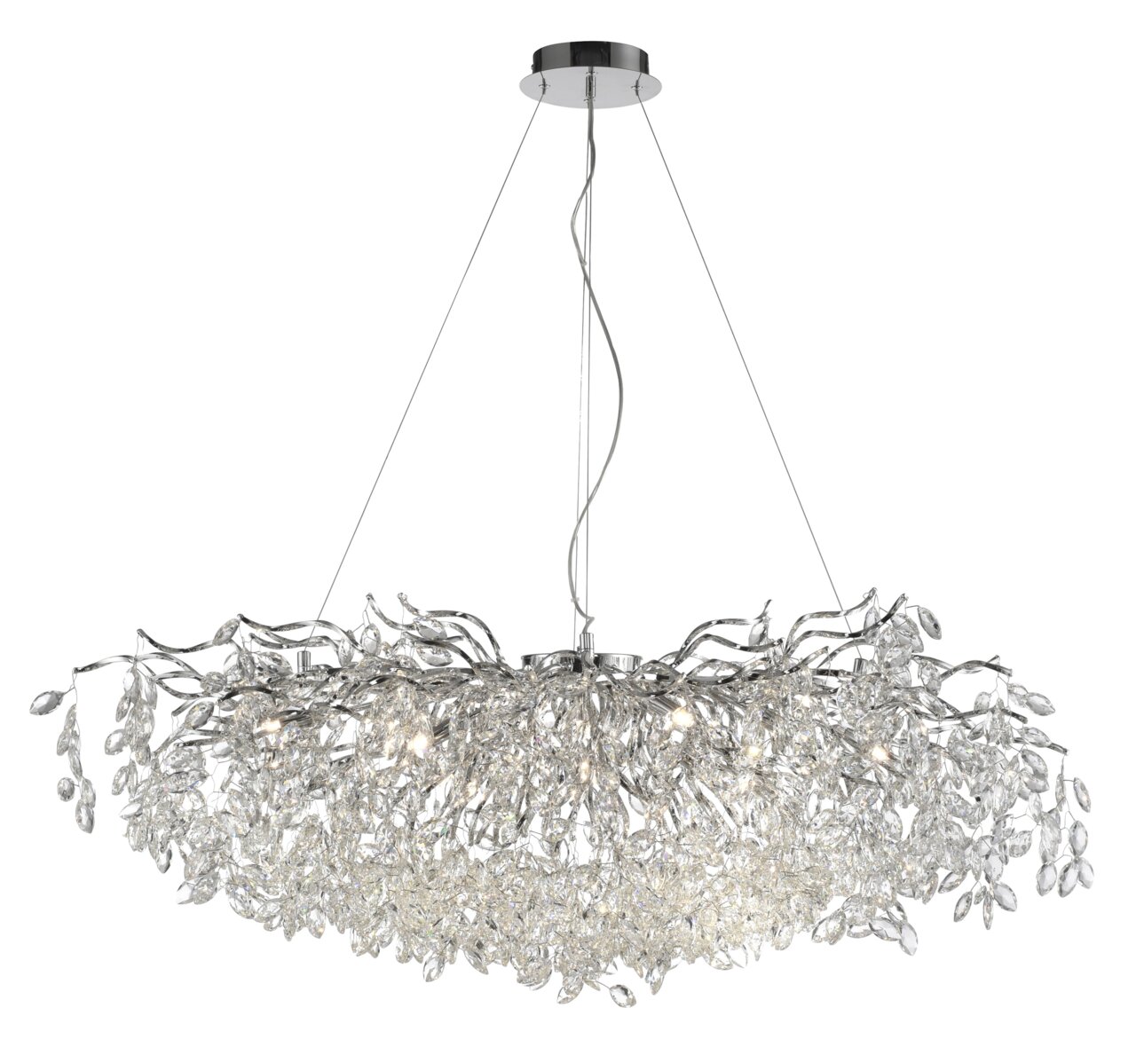 Moderner Kronleuchter RICICLE mit funkelnden Kristallen, seitliche Perspektive