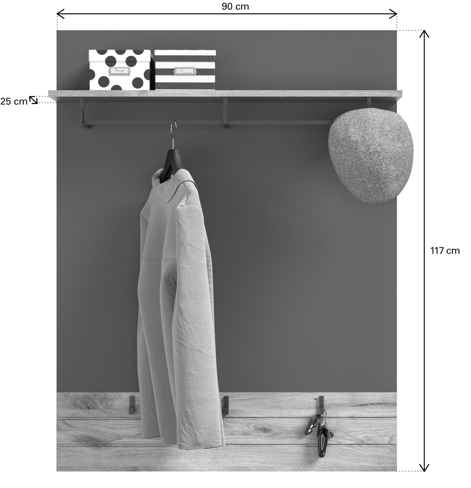 Garderobenpaneel mit Hutablage, Kleiderhaken und Schlüsselhaken, frontal betrachtet.