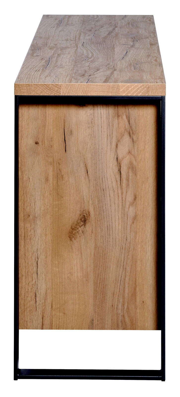 Seitenansicht eines Sideboards mit Holzoberfläche und schwarzem Metallrahmen.
