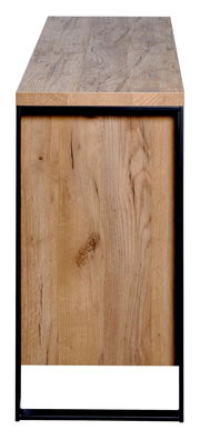 Seitenansicht eines Sideboards mit Holzoberfläche und schwarzem Metallrahmen.