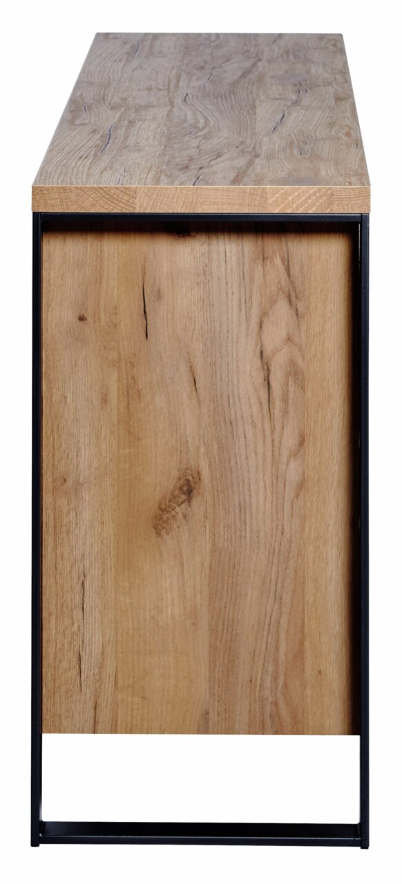Zijaanzicht van een dressoir met houten oppervlak en zwart metalen frame.