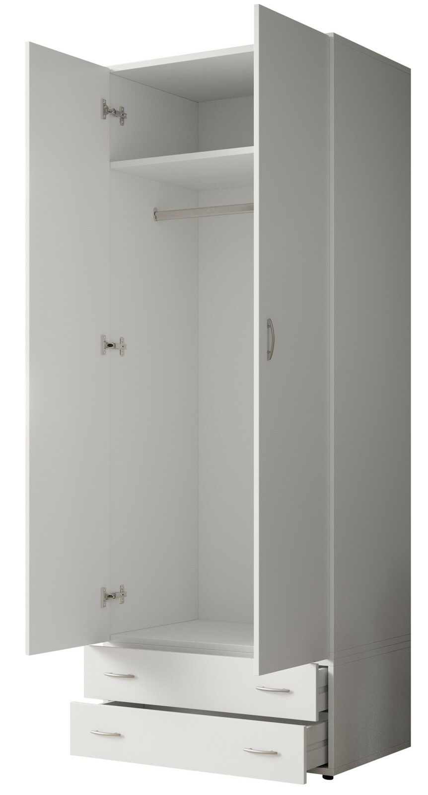 Zweiflügeliger Drehtürenschrank JOE in Weiß mit geöffneten Türen und Schubladen, Frontalansicht