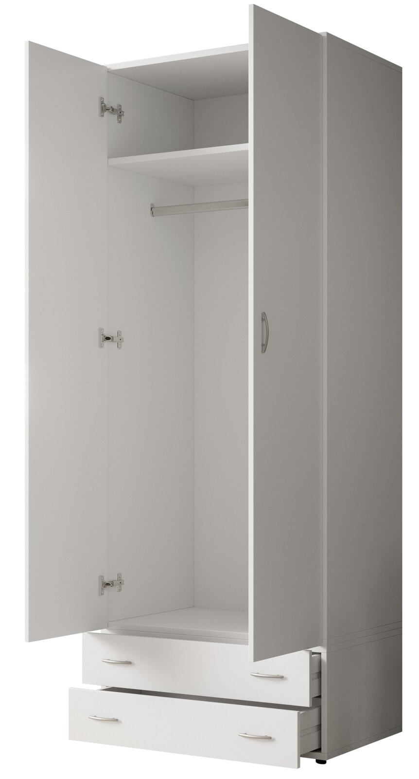 Zweiflügeliger Drehtürenschrank JOE in Weiß mit geöffneten Türen und Schubladen, Frontalansicht
