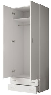 Zweiflügeliger Drehtürenschrank JOE in Weiß mit geöffneten Türen und Schubladen, Frontalansicht