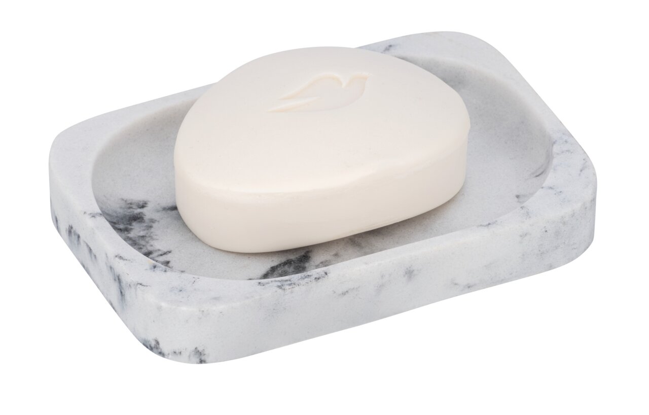 Marmorierte Seifenablage Desio mit ovaler Seife, Vogelmotiv, aus leicht erhöhter Perspektive