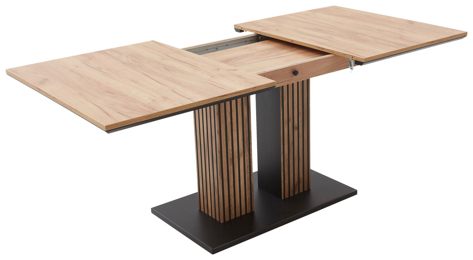 Moderner Esstisch LINUS mit ausziehbarer Tischplatte in Holzoptik und vertikalen Streben, seitliche Perspektive