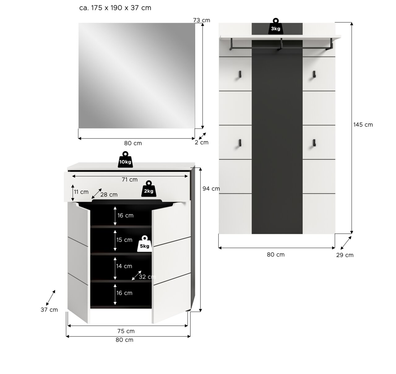 Garderoben-Set in Weiß mit Spiegel (80 x 73 cm) und Schuhschrank mit Klappen, Maße ca. 175 x 190 x 37 cm; dargestellt in Frontansicht sowie Detailansicht des geöffneten Schranks mit Innenfächern und Maßangaben.