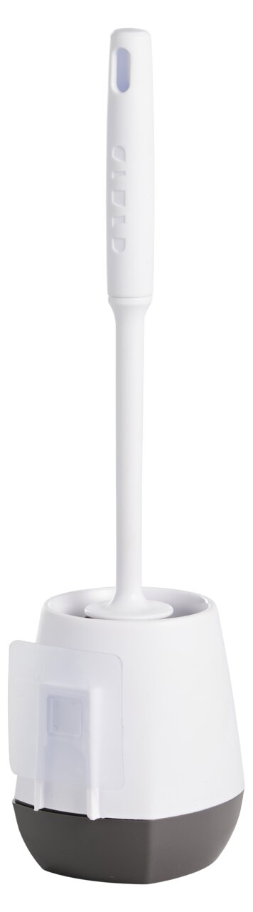 Toilettenbürste mit weißem Griff und schwarzem Halter, seitliche Perspektive