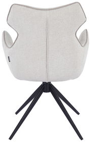 Rückansicht eines modernen Armlehnstuhls mit hellem Stoffbezug und schwarzem Metallgestell.