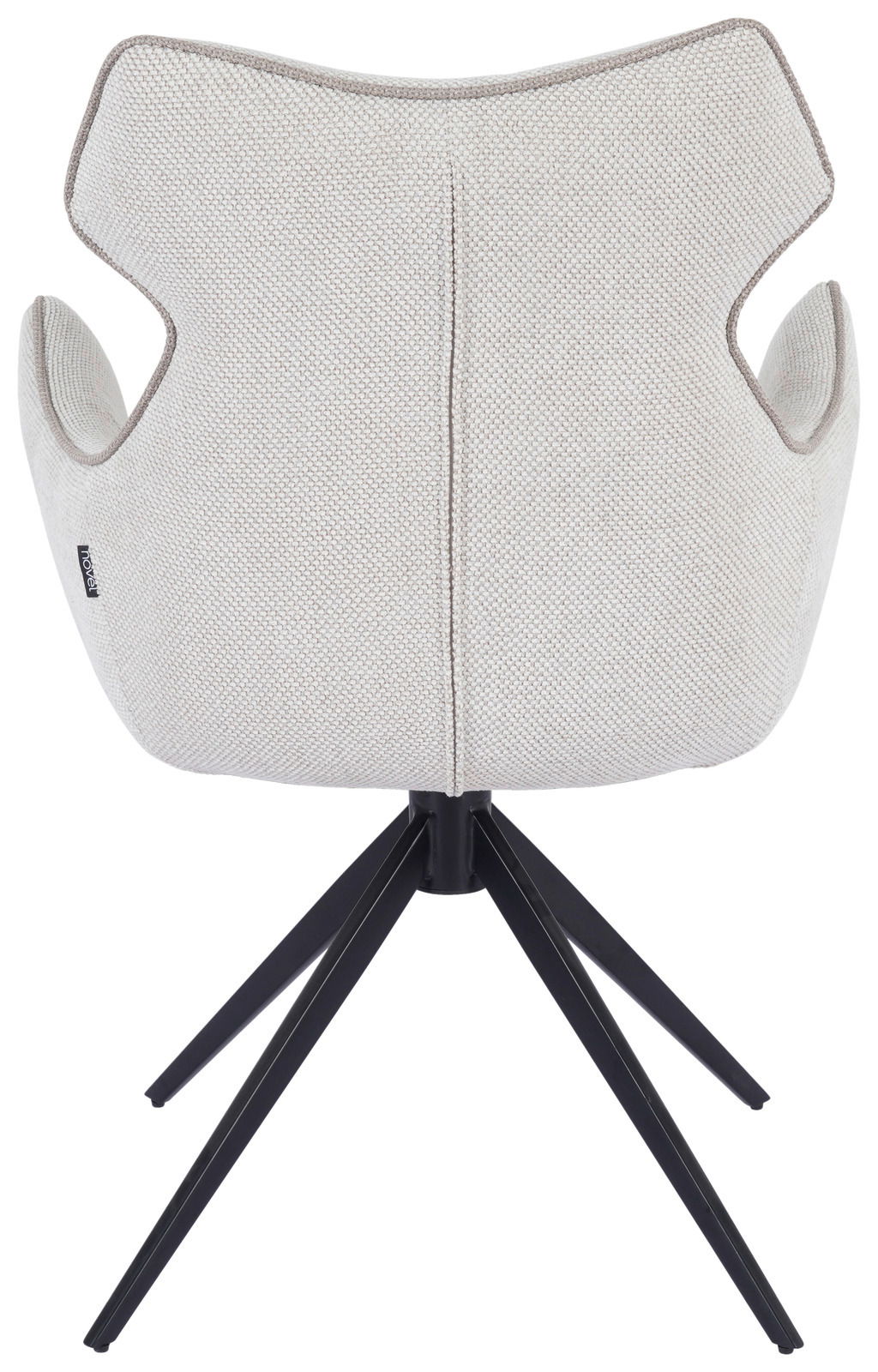 Rückansicht eines modernen Armlehnstuhls mit hellem Stoffbezug und schwarzem Metallgestell.