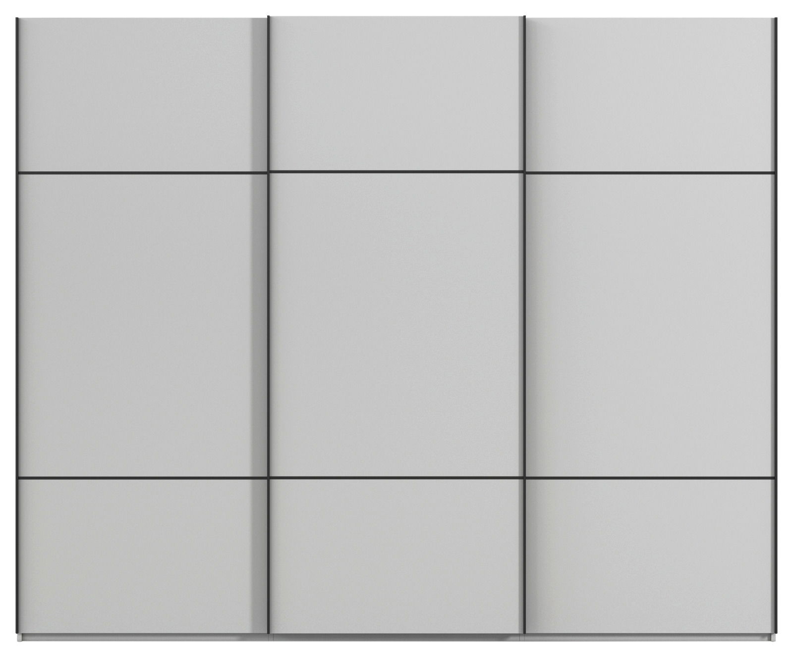 Frontansicht eines modernen, grauen Schwebetürenschranks mit drei Türen.