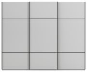 Frontansicht eines modernen, grauen Schwebetürenschranks mit drei Türen.