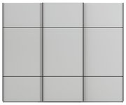 Frontansicht eines modernen, grauen Schwebetürenschranks mit drei Türen.