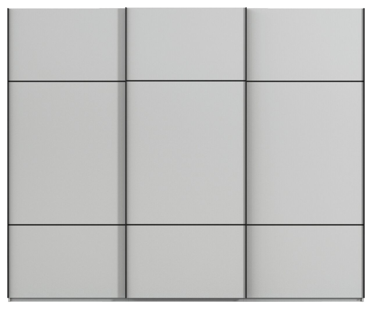 Frontansicht eines modernen, grauen Schwebetürenschranks mit drei Türen.